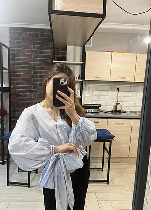 Сорочка h&m в смужку з об’ємними рукавами та вшитим поясом xs-s-m.