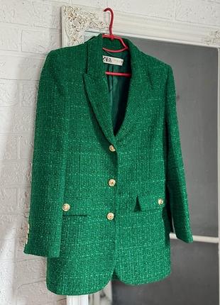 Брендовий зелений подовжений твідовий піджак zara