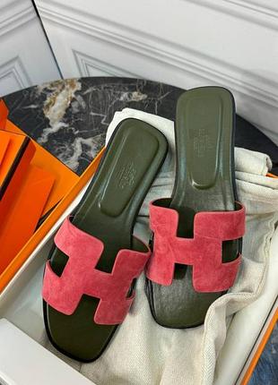 Женские замшевые кожаные розовые шлепанцы шлепки тапочки hermes oran original*