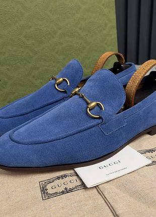 Gucci jordaan horsebit penny loafers heels blue чоловічі туфлі лофери оригінал 45 eur