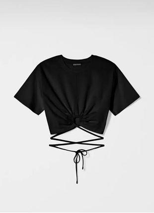 Bershka хлопковый кроп топ короткая футболка с шнурком на талии