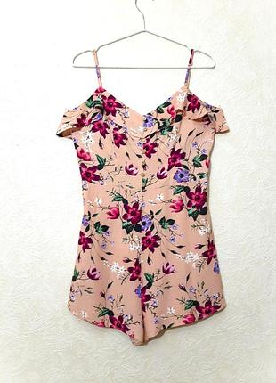 Комбінезон з шортами короткий рожевий в квіти майка+шорти на бретельках жіночий літній пляжний міні