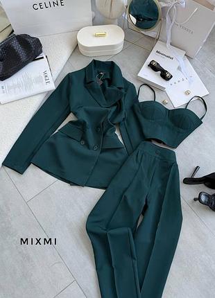 Женский изумрудный костюм тройка топ с чашками на бретелях, брюки брюки брюки и пиджак на пуговицах