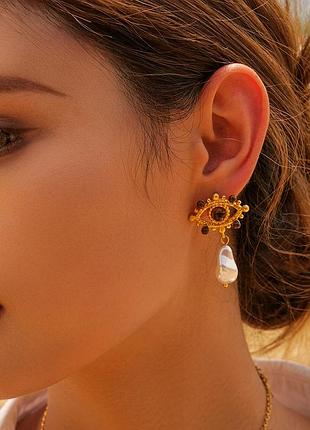 Изысканные серьги глаза со вставкой тигровый глаз в стиле скиапарелли, реснички