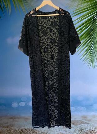 Ажурний чорний довгий халат-накидка пляжний
