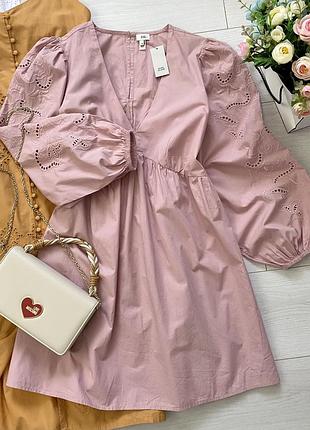 Натуральна рожева сукня-зефірка з вишивкою на рукавах river island, розмір 10 uk (наш 44)