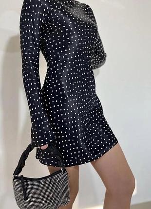 Чорна мінімалістична сатинова сукня в горох xs, s, m zara