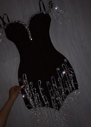 Роскошное люкс бандажное вечернее пуш ап платье бахрома камни стразы