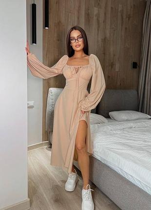 Улюблена сукня міді софт з шнурівкою на спині і розрізом на нозі легке плаття однотонне
