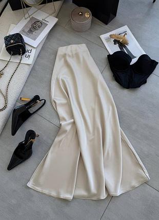 Елегантна шовкова спідниця максі однотонна якісна на резинці