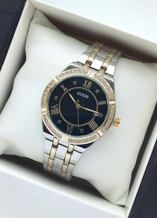 Женские наручные часы небольшого размера, серебро-золото, с черным циферблатом, дата