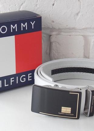 Кожаный мужской белый ремень-автомат tommy hilfiger