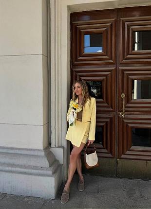🌈3! шикарный женский желтый костюм двойка женский пиджак укороченная юбка шорты юбка