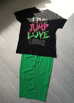 Футболка коттон яскравий принт та спідниця яскрава міді 42-46-48