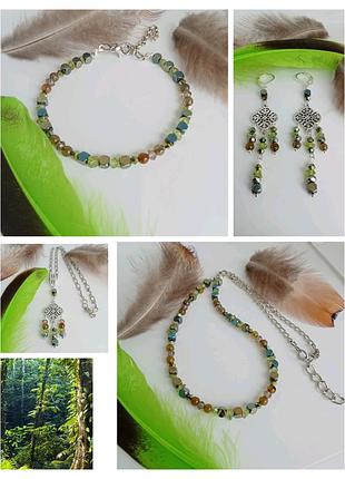 Набор с агатом и перидотом. авторские украшения. i love love khaki