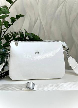 Женская сумка сумочка маленькая лакированная белая кожаная из эко кожи через плечо кросс-боди на молнии