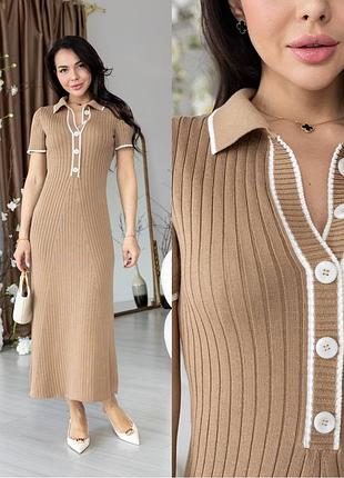 Вязаное хлопковое платье поло с воротником на пуговицах 9 цветов