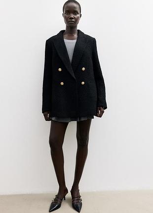 Піджак жакет новий твідовий чорний жіночий оверсайз в стилі zara unika з ґудзиками золотими