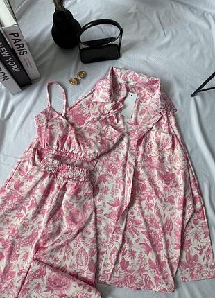 Ефектний літній костюм трійка зі штанами, топом та сорочкою ☁️