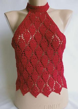 Ажурний в'язаний червоний топ із відкритою спиною ручна робота handmade