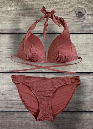 Купальник раздельный на завязках с чашками блестящий пуш ап