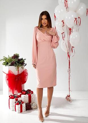 Елегантна сукня міді з довгими обʼємними рукавами приталене плаття з декольте