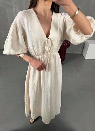Женское муслиновое платье миди с резинкой на талии и широкими рукавами