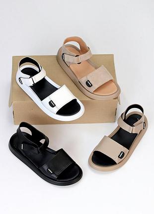Білі/чорні/беж натуральні замш/шкіряні босоніжки сандалі на липучках