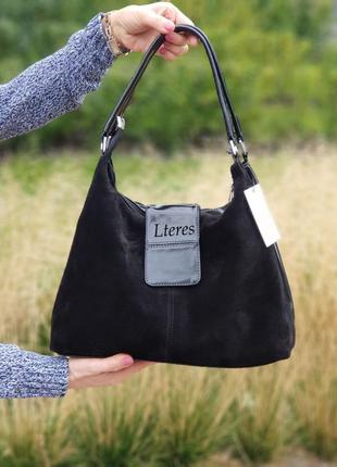 Стильная лаковая замшевая черная сумка 2 отделения