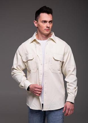 Мужская вельветовая рубашка на липучке молочная