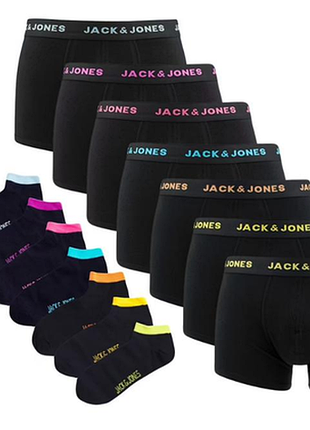 Дорожній набір jack & jones із 7 боксерів та носків chris combi black, розмір l, чорні, резинка коль