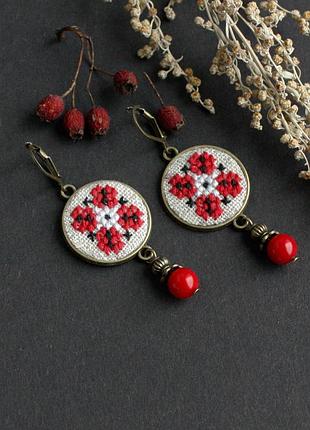 Красные серьги с бусинами этнические украинские украшения к вышиванке