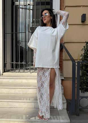 Футболка и юбка с оверсайз молочная кулир гипюр 42-48 р
