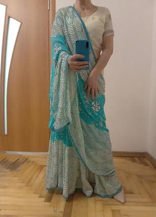 Удивительный костюм с вышивкой пайетками, сари и во главе, индийский наряд