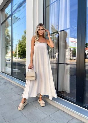 Легкое платье макси в пол майка открытые плечи тонкие бретельки сарафан лен бохо карманы