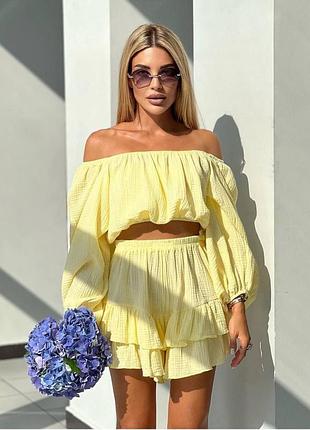 Муслиновый костюм с топом с длинными рукавами на резинке с мини-юбкой с рюшами