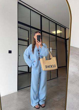 Женский летний костюм муслиновый из натуральной ткани хлопка рубашка на завязках и брюки легкий