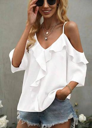 Жіноча літня блуза блузка з воланами рюшами відкритими плечима на бретелях біла рожева