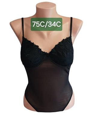 Прозрачное кружевное боди elbrina® с аппликацией, размер 75c / 34c