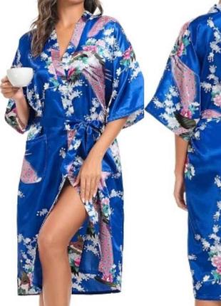 Атласный халат кимоно принт цветы павлины 2xl