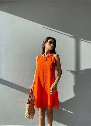 Сарафан а-силуэт минималистичный базовый декоративный шов потайные карманы оранжевый