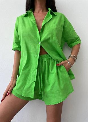 Зелений лляний костюм жіночий літній легкий сорочка та шорти вільний крій