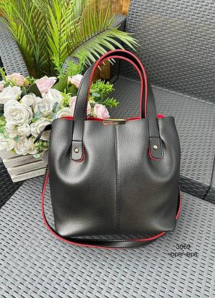 Женская стильная и качественная сумка из эко кожи черная с красным