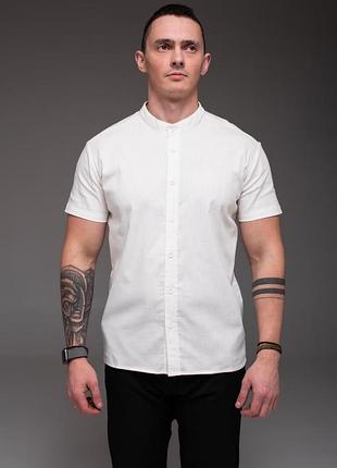 Рубашка с коротким рукавом и воротником стойкой из льна, лен 100%, молочная