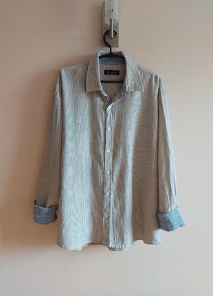 Сорочка бавовна льон, лляна сорочка в тонку смужку з контрастним підкотом рукава
