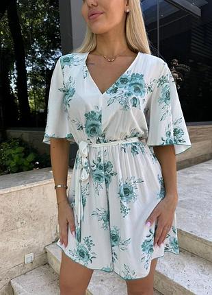 Комбінезон жіночий літо штапель зелені  квіти 42-48 рр