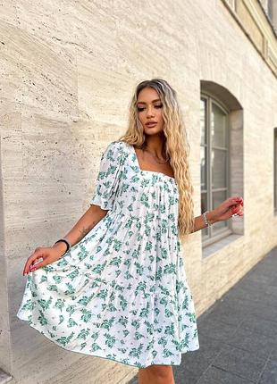 Платье платье лето свободного кроя штапель зеленые цветы 42-48 гг