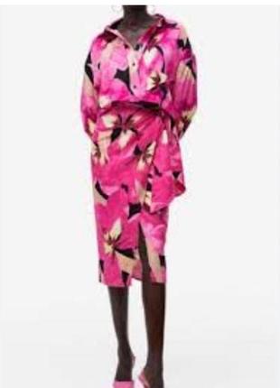 Новая льняная юбка миди h&m юбка лён цветочная принт цветы фуксия