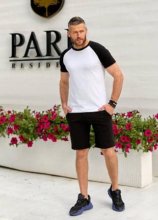 Чоловічий костюм футболка з шортами кулір котон стрейч якісний чорно білий двоколірний україна