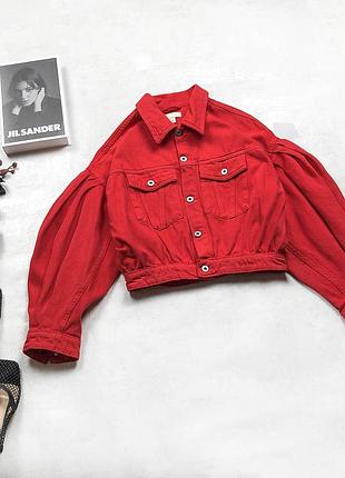 Стильний яскравий джинсовий oversized жакет h&m трендового червоного кольору з пишними рукавами